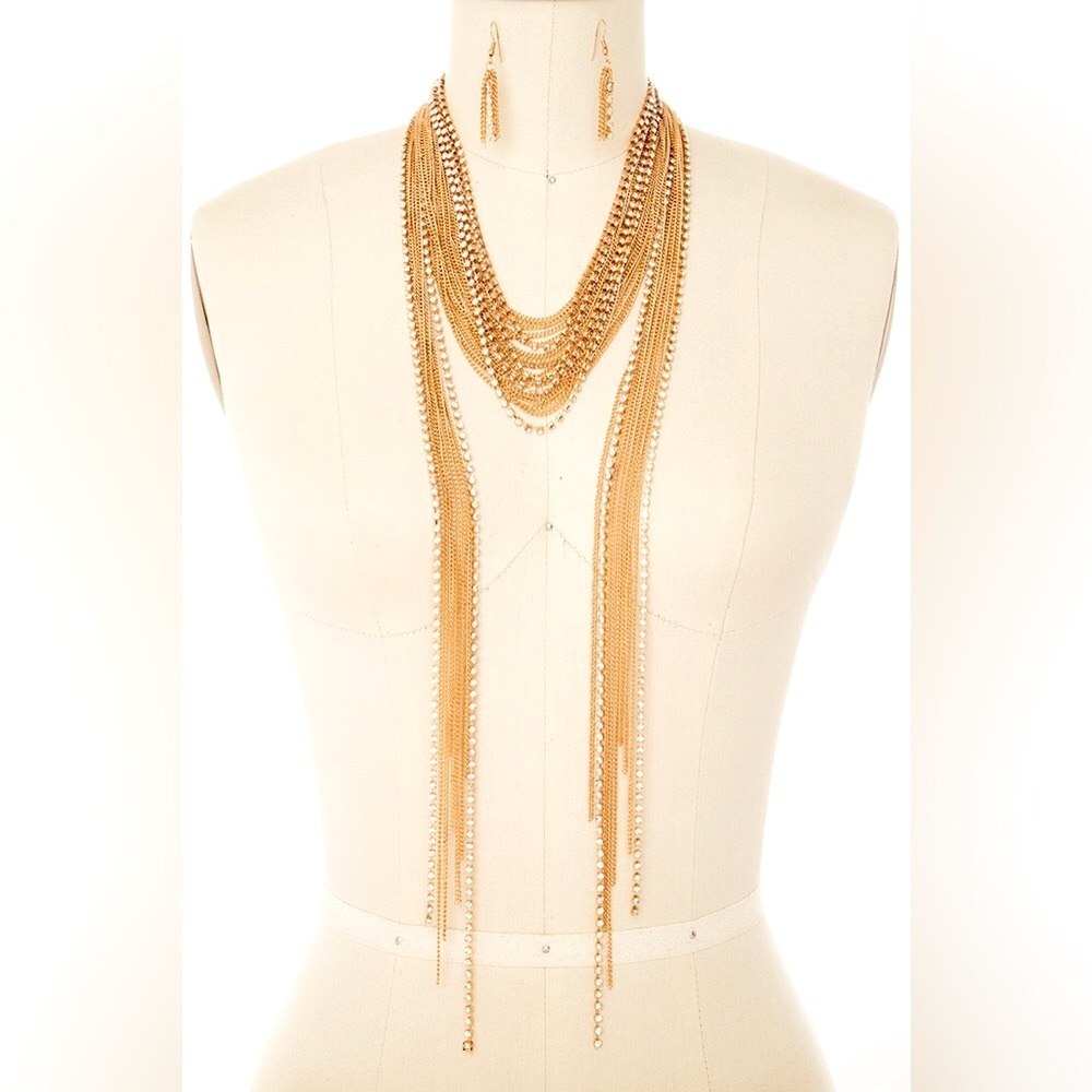 Gold Rhinestone Chain Wrap Around Statement Necklace